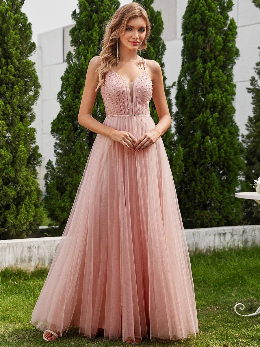 V-Neck A-Line Wedding Dress featuring Delicate Pearl Accents #color_Pink