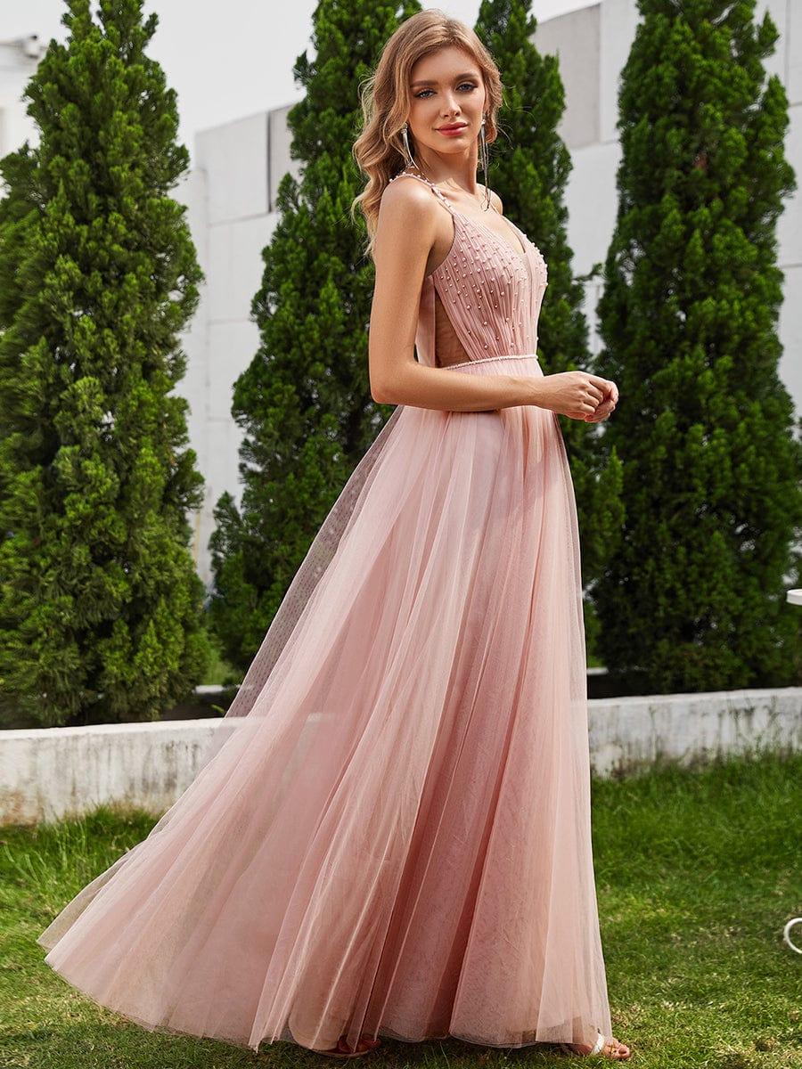 V-Neck A-Line Wedding Dress featuring Delicate Pearl Accents #color_Pink