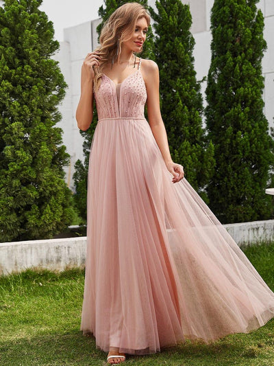 V-Neck A-Line Wedding Dress featuring Delicate Pearl Accents #color_Pink