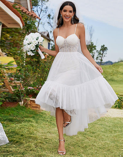 Tulle Corset Top Sweetheart High-Low Wedding Dress #color_Ivory