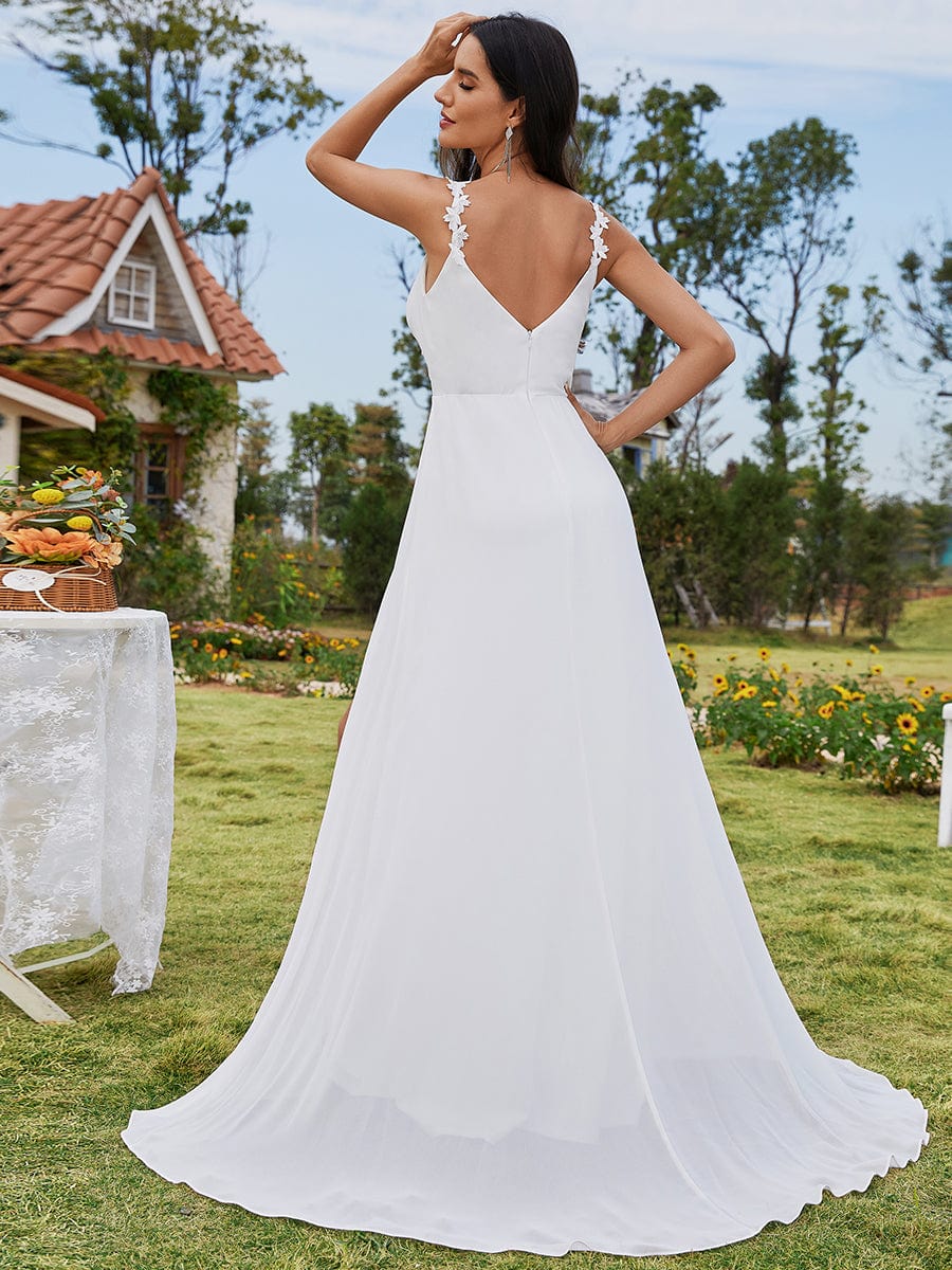 Custom Size Spaghetti Strap V-Neck Chiffon High-Slit Wedding Dresses adorned with Printed Shoulder Straps #color_White
