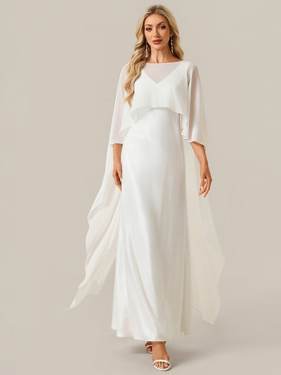 Deep V-Neck Satin Shawl Sleeve Wedding Dress