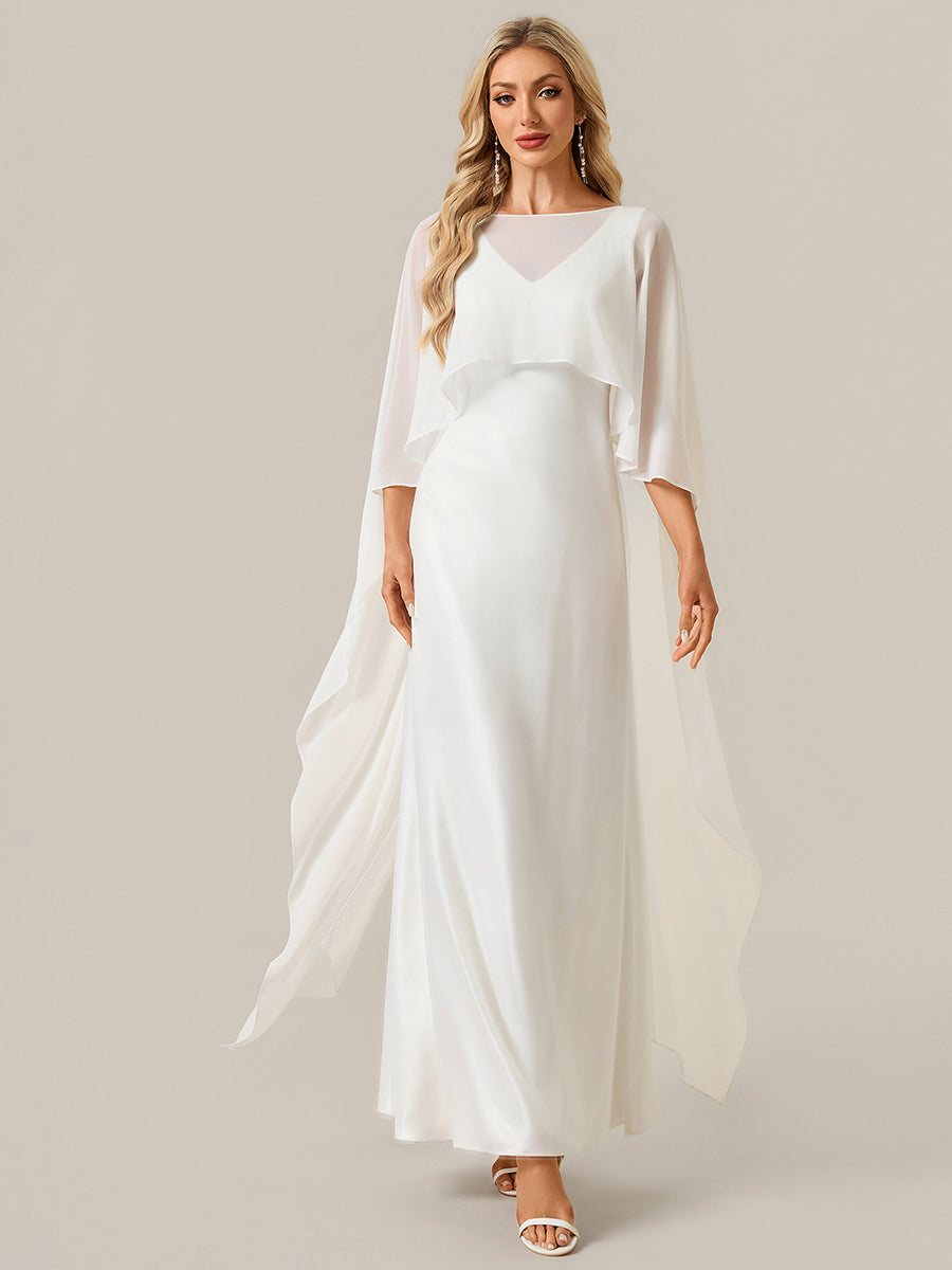 Deep V-Neck Satin Shawl Sleeve Wedding Dress #color_White
