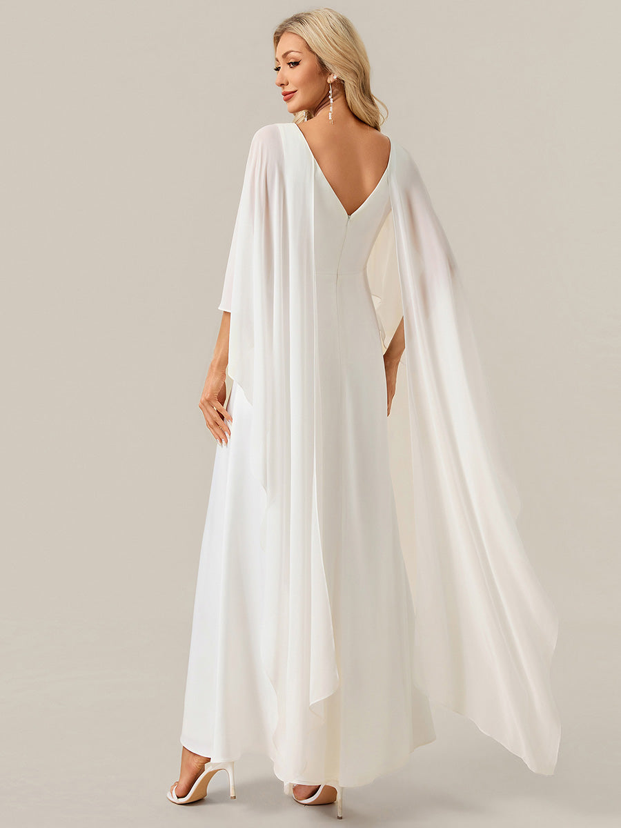 Deep V-Neck Satin Shawl Sleeve Wedding Dress #color_White