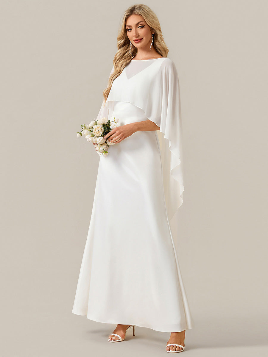 Deep V-Neck Satin Shawl Sleeve Wedding Dress #color_White
