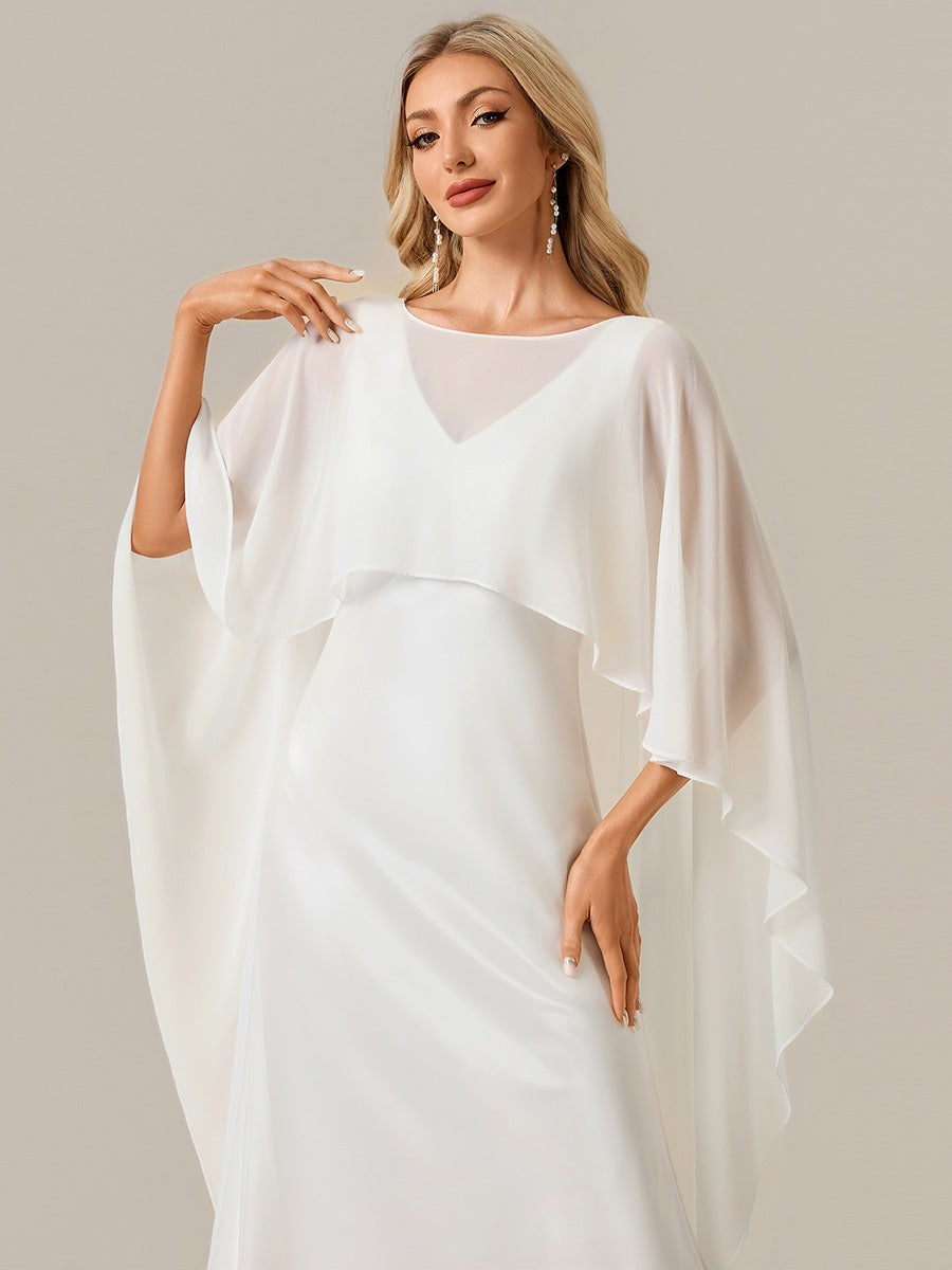Deep V-Neck Satin Shawl Sleeve Wedding Dress #color_White