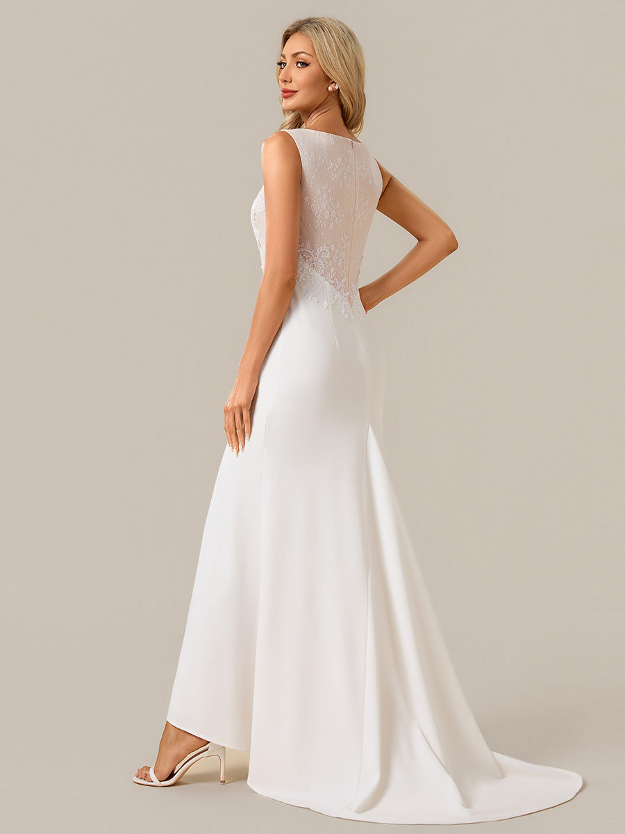 knit lace wedding dress Ever-Pretty Illusion with Side Slit and Train #celestino-brown-multi