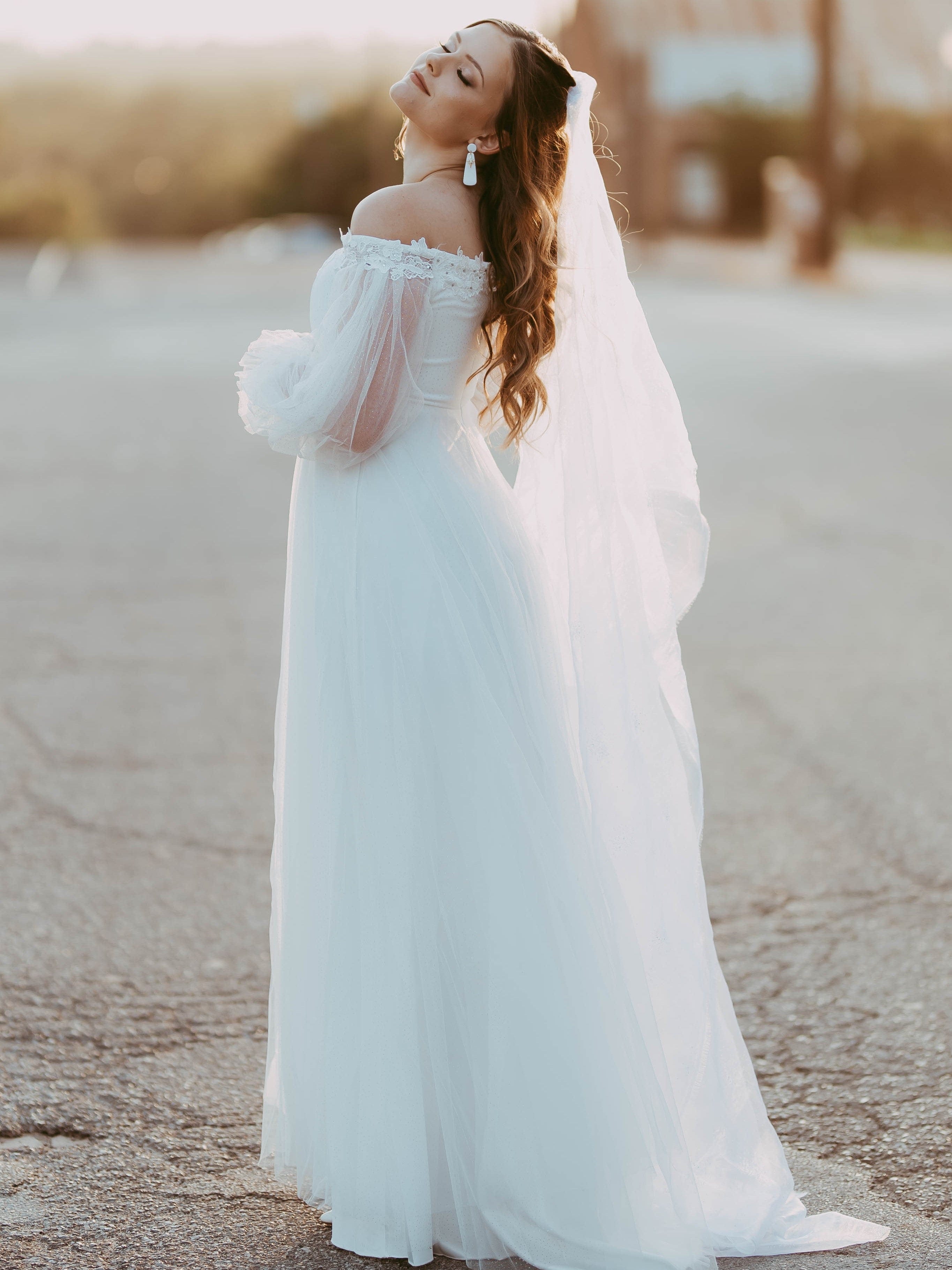 Sheer Lantern Sleeve Off the Shoulder Wedding Dress #color_Cream
