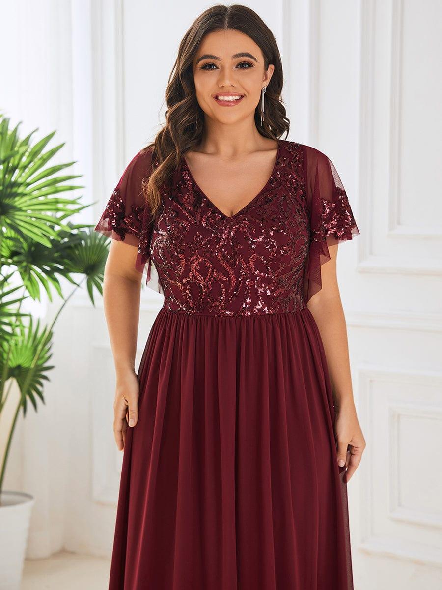 Elegant V-Neck Sequin A-Line Short Sleeves Chiffon Midi Formal Dress #Color_Burgundy
