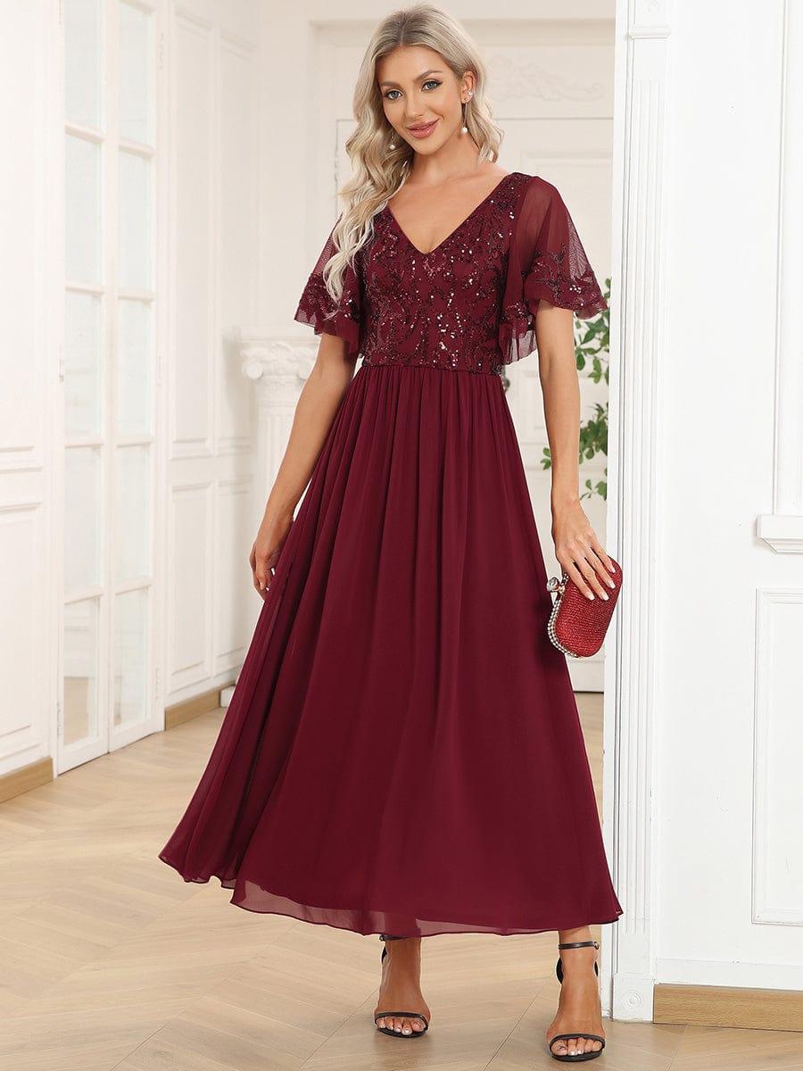 Elegant V-Neck Sequin A-Line Short Sleeves Chiffon Midi Formal Dress #Color_Burgundy