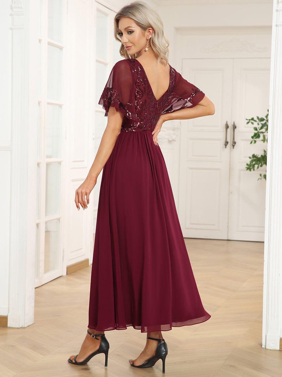 Elegant V-Neck Sequin A-Line Short Sleeves Chiffon Midi Formal Dress #Color_Burgundy