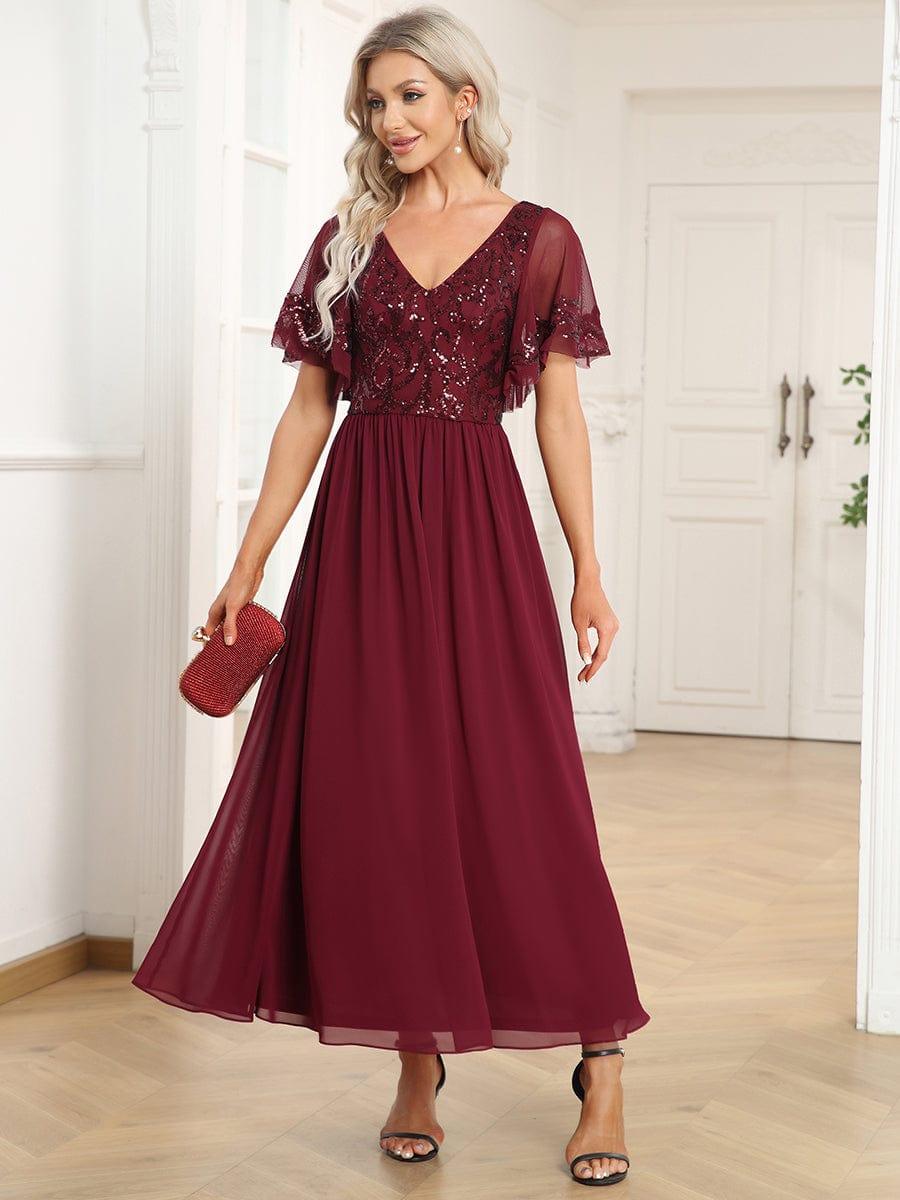 Elegant V-Neck Sequin A-Line Short Sleeves Chiffon Midi Formal Dress #Color_Burgundy