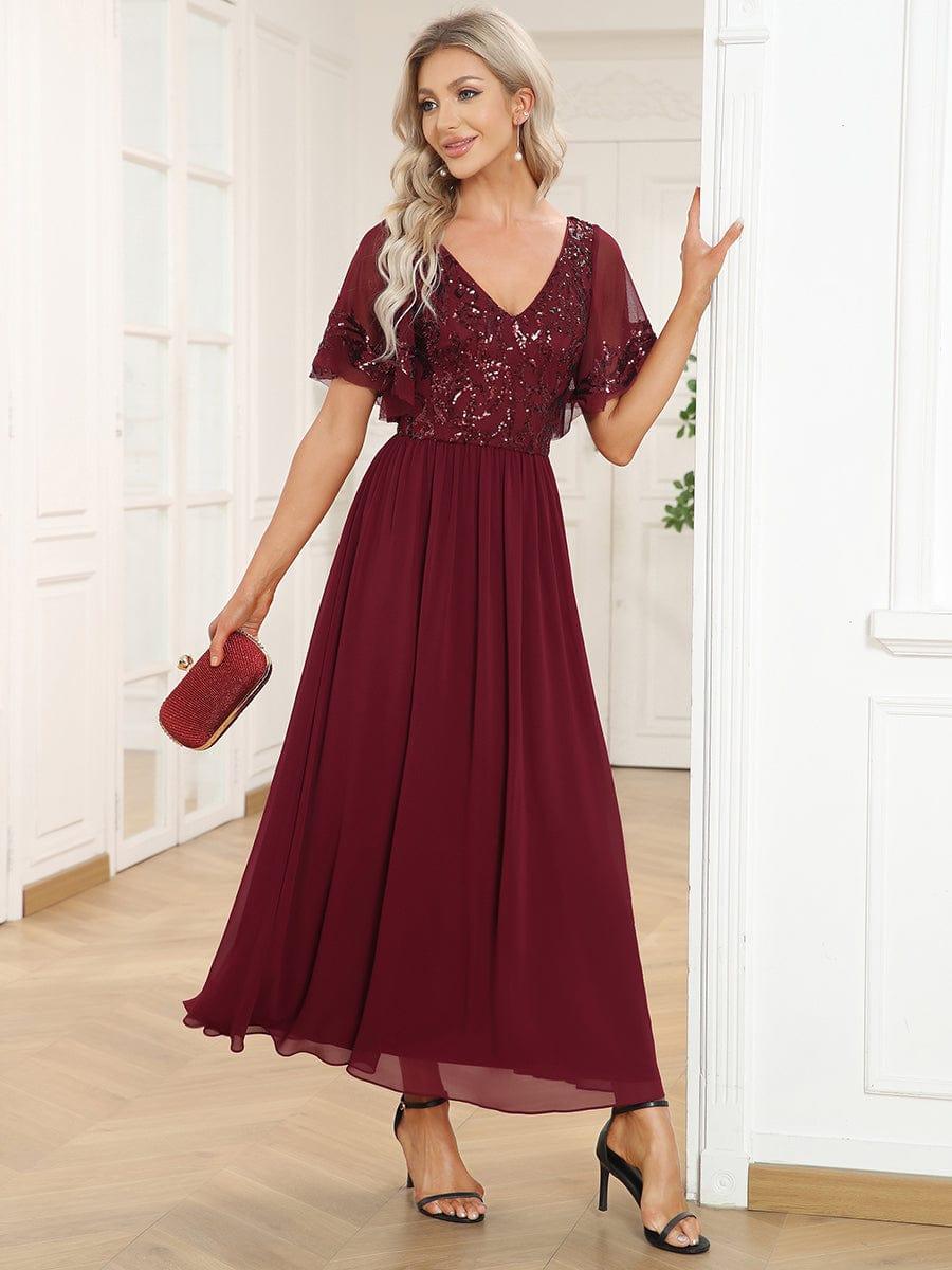 Elegant V-Neck Sequin A-Line Short Sleeves Chiffon Midi Formal Dress #Color_Burgundy