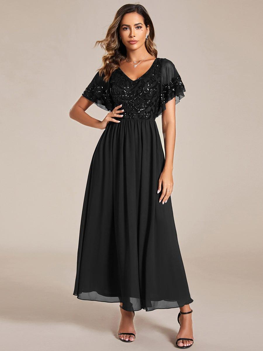 Elegant V-Neck Sequin A-Line Short Sleeves Chiffon Midi Formal Dress #Color_Black