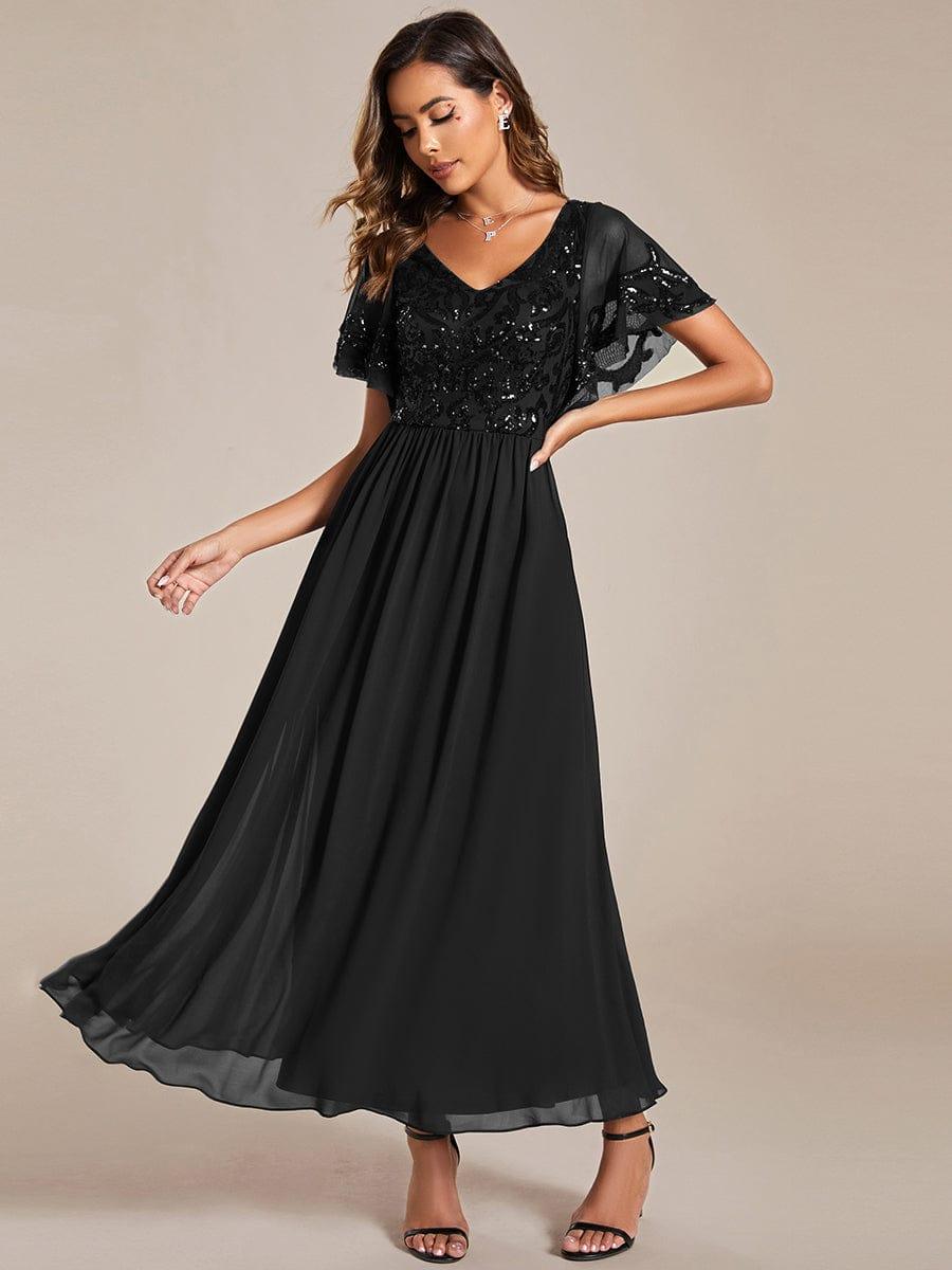 Elegant V-Neck Sequin A-Line Short Sleeves Chiffon Midi Formal Dress #Color_Black