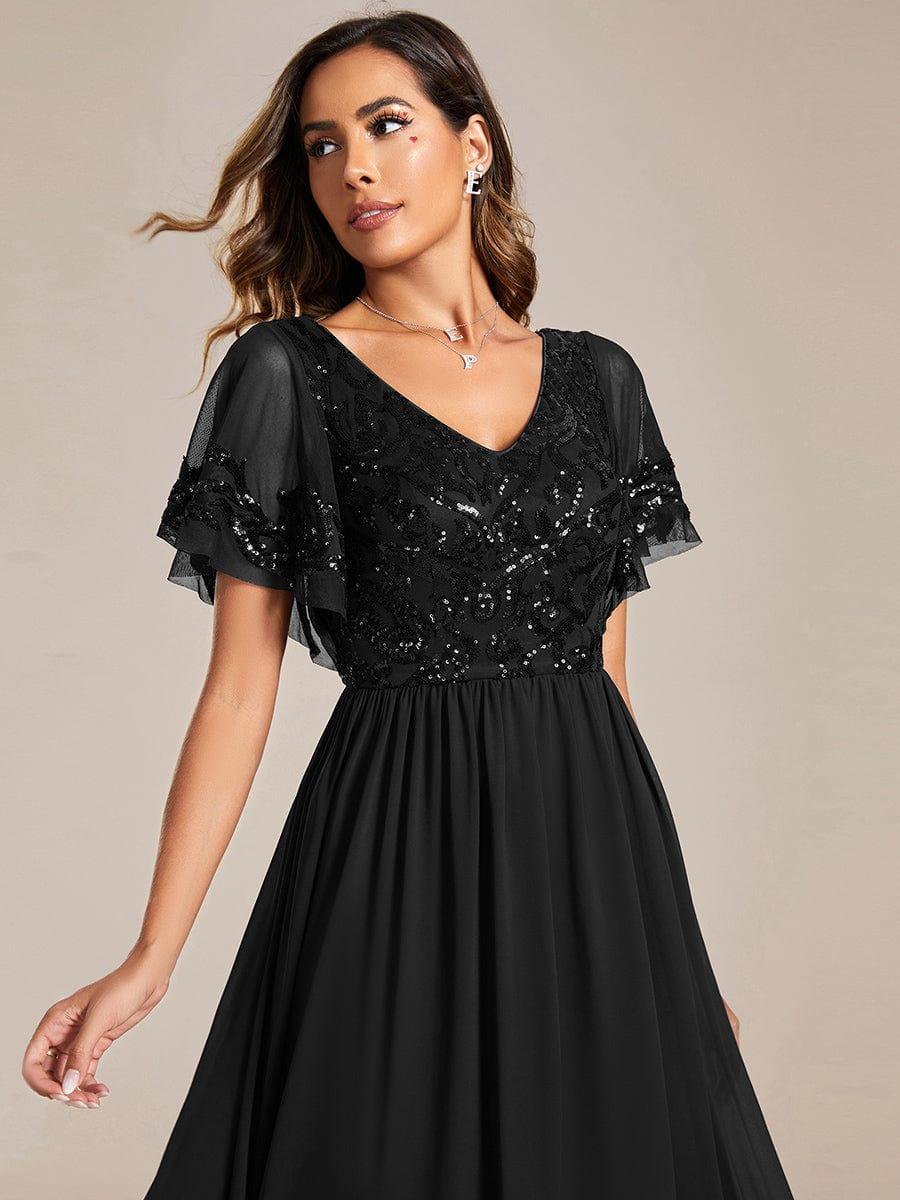 Elegant V-Neck Sequin A-Line Short Sleeves Chiffon Midi Formal Dress #Color_Black