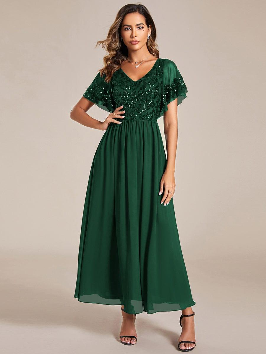 Elegant V-Neck Sequin A-Line Short Sleeves Chiffon Midi Formal Dress #Color_Dark Green