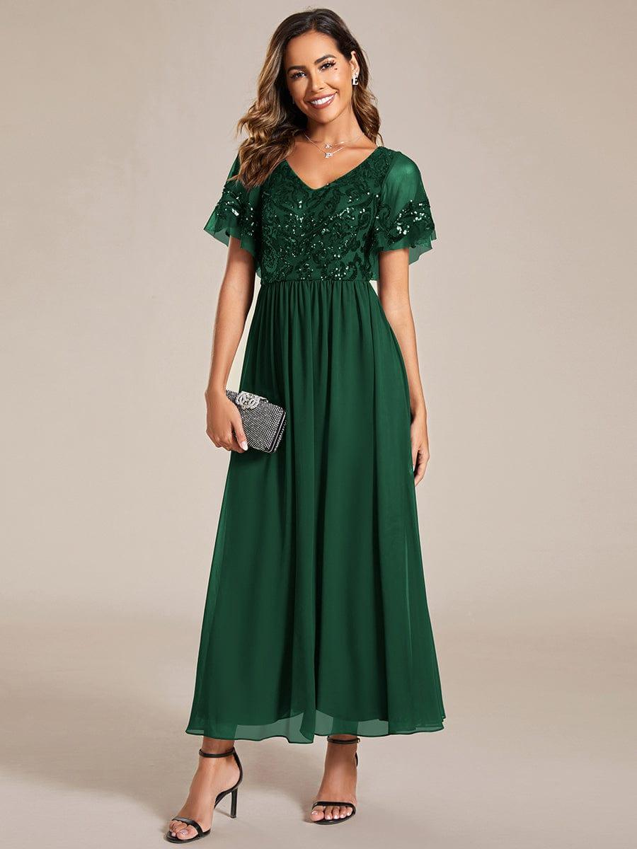 Elegant V-Neck Sequin A-Line Short Sleeves Chiffon Midi Formal Dress #Color_Dark Green