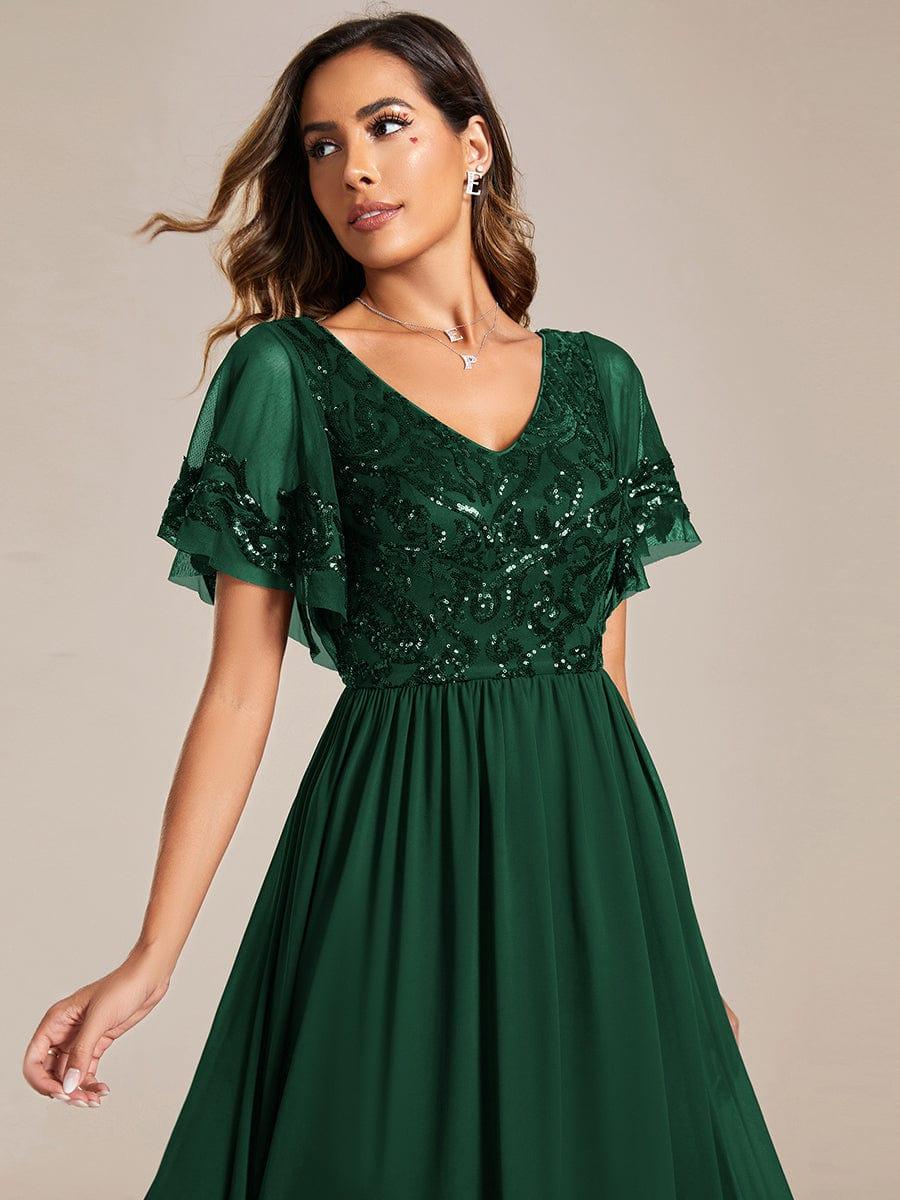 Elegant V-Neck Sequin A-Line Short Sleeves Chiffon Midi Formal Dress #Color_Dark Green