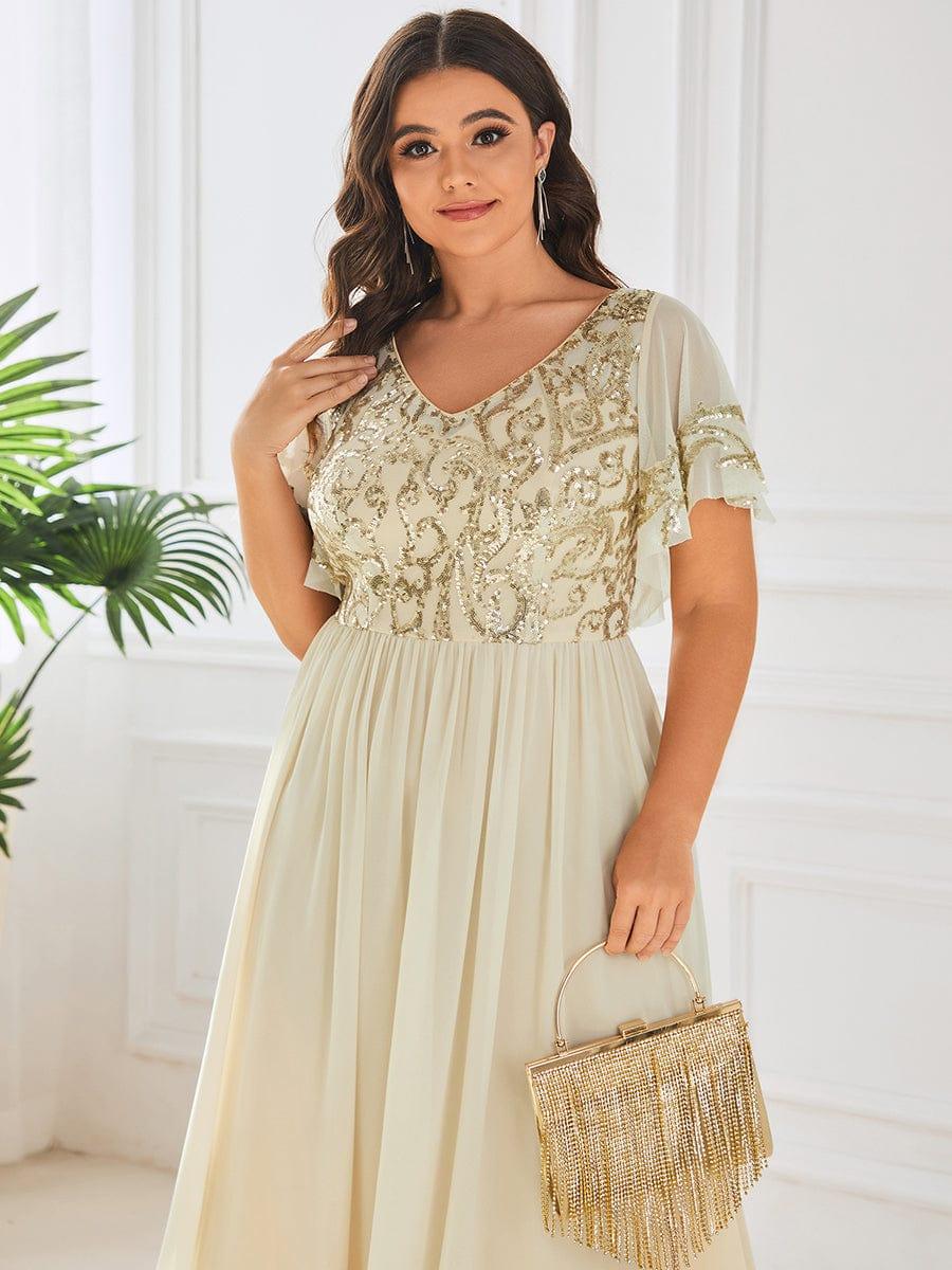 Elegant V-Neck Sequin A-Line Short Sleeves Chiffon Midi Formal Dress #Color_Gold