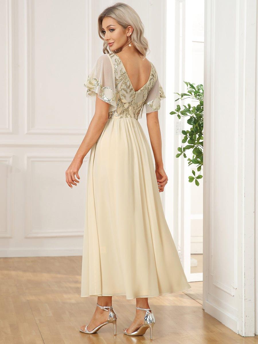 Elegant V-Neck Sequin A-Line Short Sleeves Chiffon Midi Formal Dress #Color_Gold