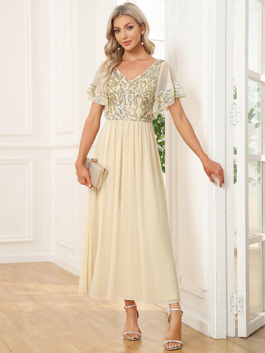 Elegant V-Neck Sequin A-Line Short Sleeves Chiffon Midi Formal Dress #Color_Gold