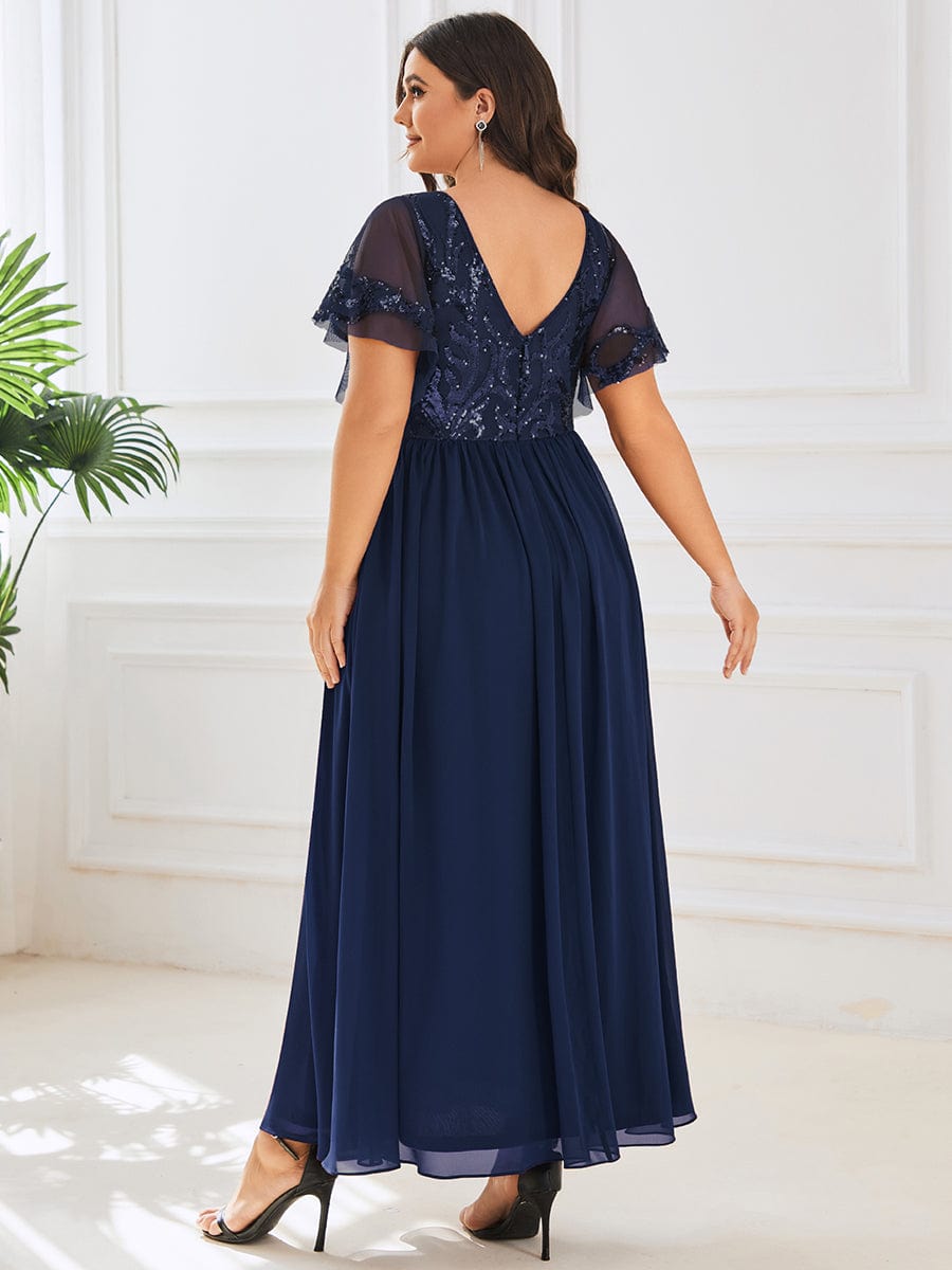 Plus Size V-Neck Short Sleeve Sequin Bodice Mother of the Bride Dress