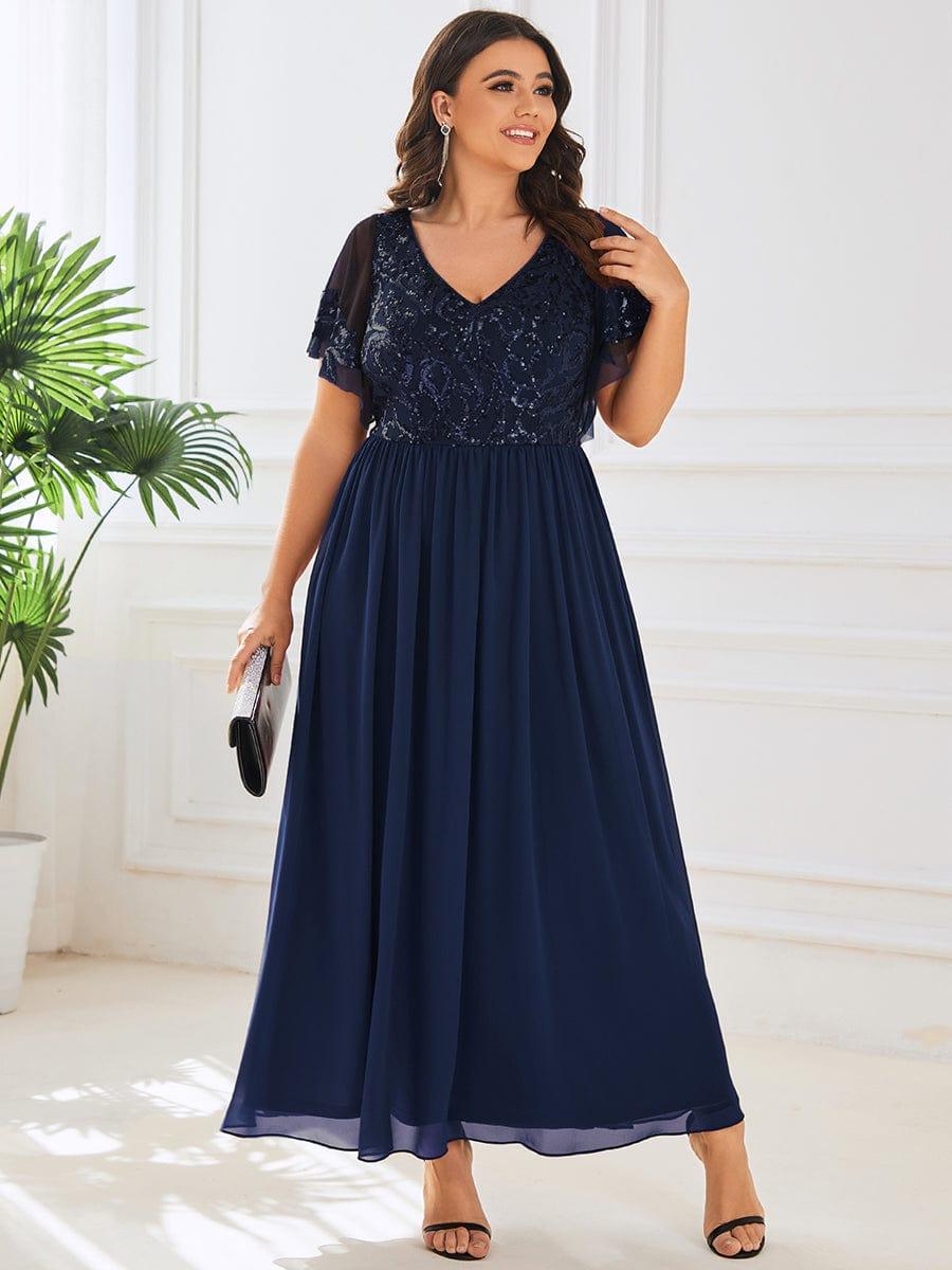 Plus Size V-Neck Short Sleeve Sequin Bodice Mother of the Bride Dress