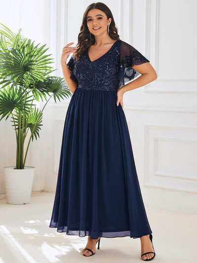 Plus Size V-Neck Short Sleeve Sequin Bodice Mother of the Bride Dress #color_Navy Blue