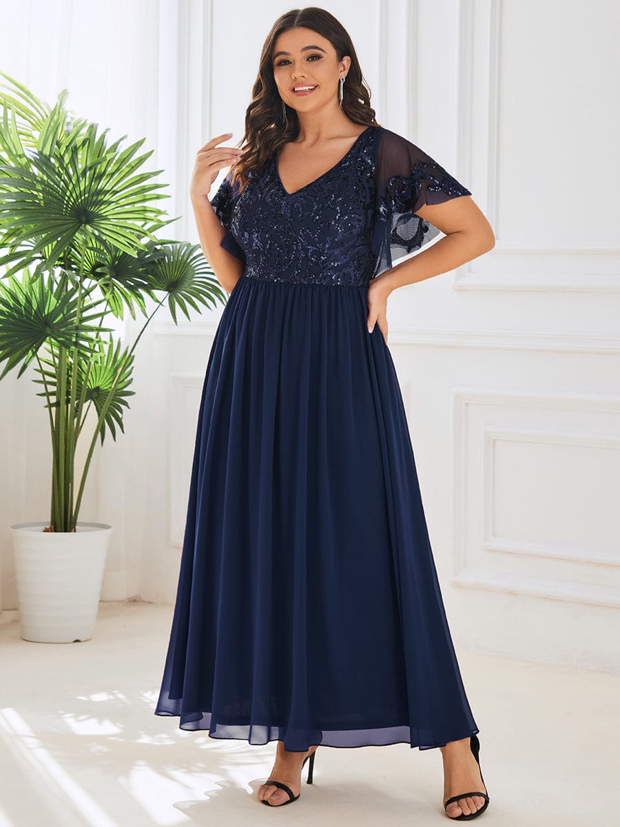 Plus Size V-Neck Short Sleeve Sequin Bodice Mother of the Bride Dress #Color_Navy Blue