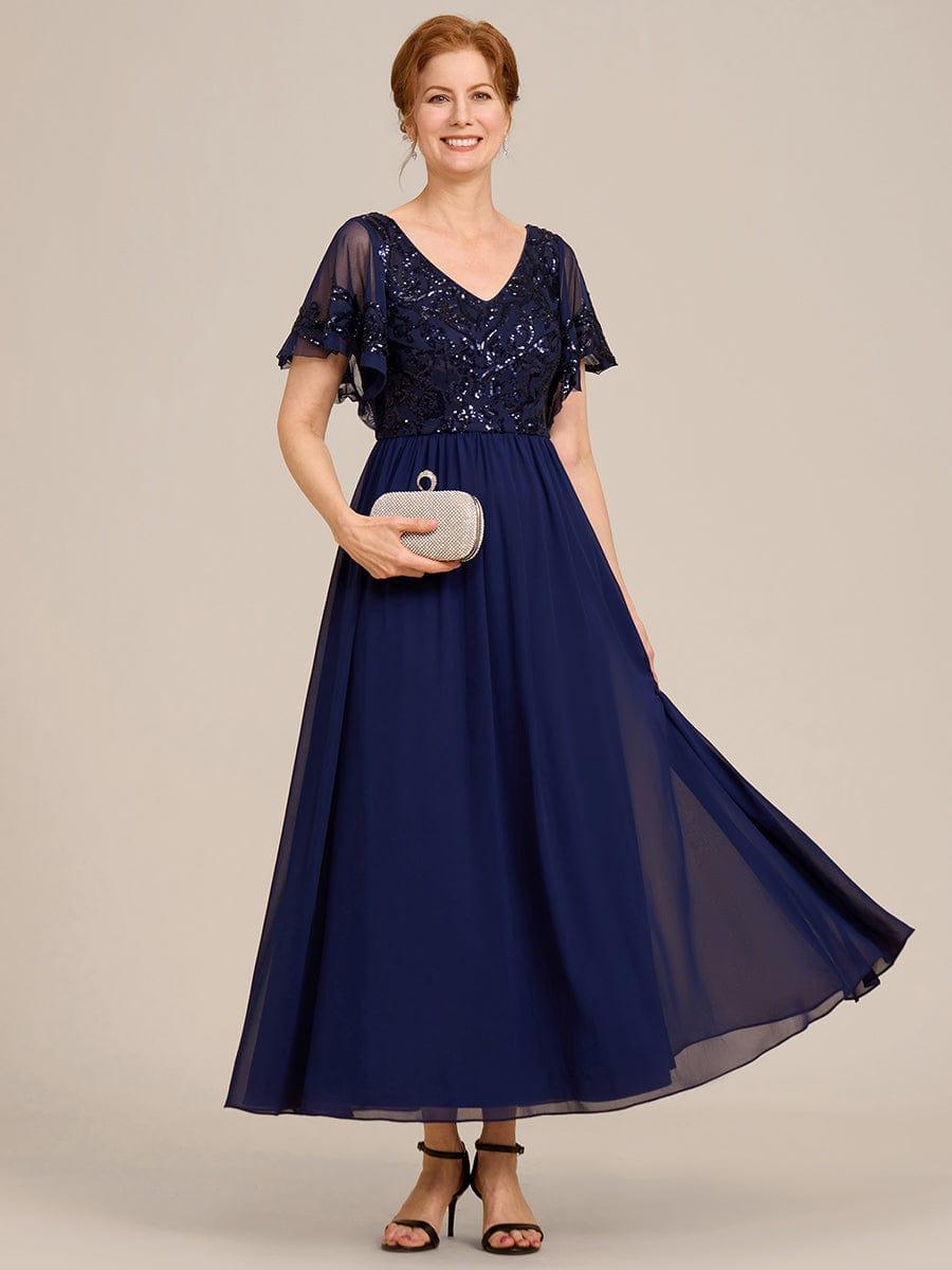 Short Sleeve V-Neck Sequin Chiffon A-Line Mother of the Bride Dress #color_Navy Blue