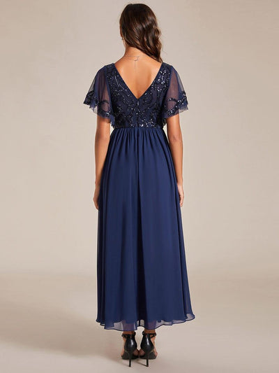 Elegant V-Neck Sequin A-Line Short Sleeves Chiffon Midi Formal Dress #Color_Navy Blue