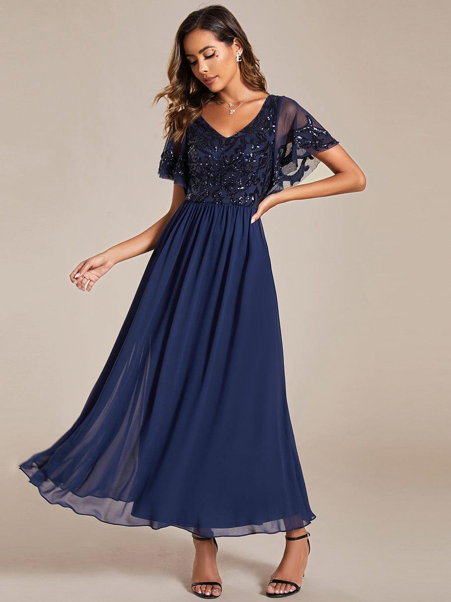 Elegant V-Neck Sequin A-Line Short Sleeves Chiffon Midi Formal Dress #Color_Navy Blue
