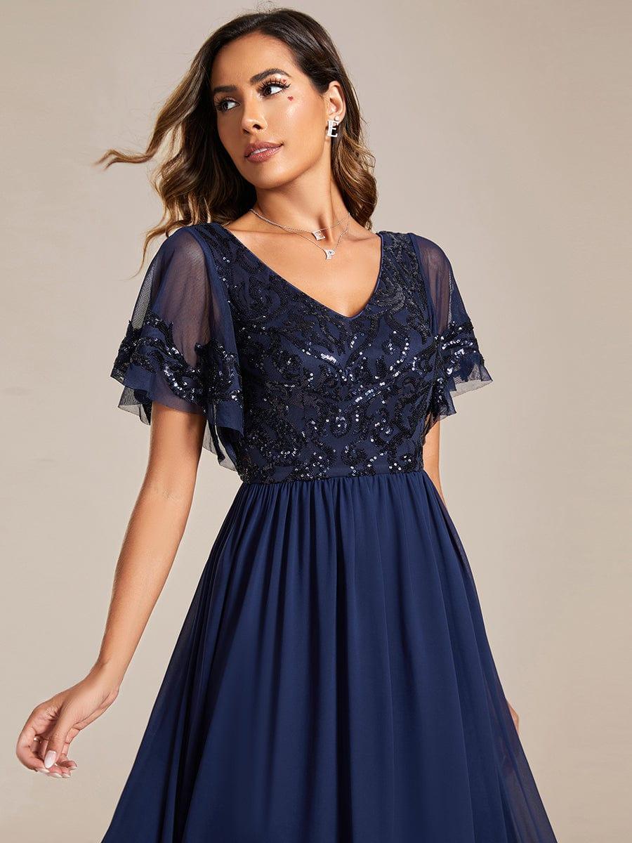 Elegant V-Neck Sequin A-Line Short Sleeves Chiffon Midi Formal Dress #Color_Navy Blue