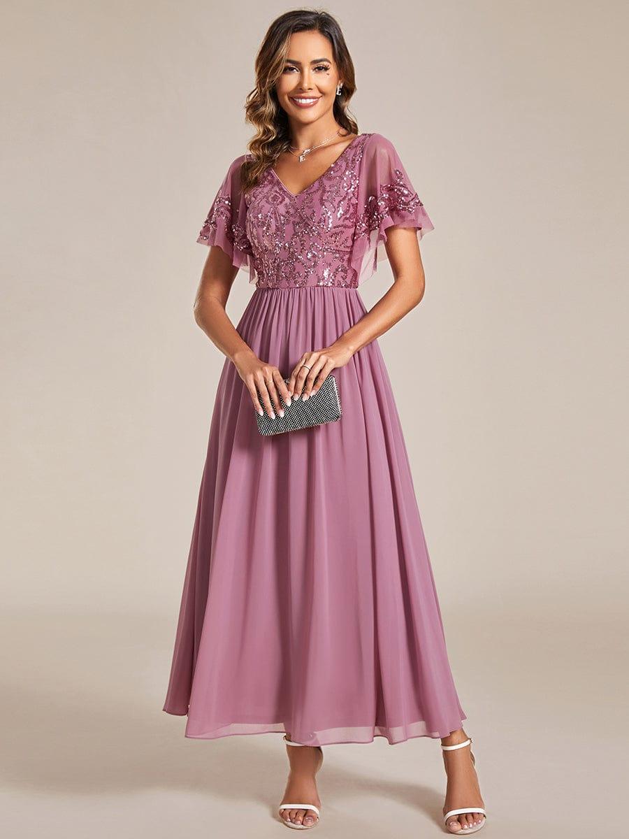 Elegant V-Neck Sequin A-Line Short Sleeves Chiffon Midi Formal Dress #Color_Purple Orchid