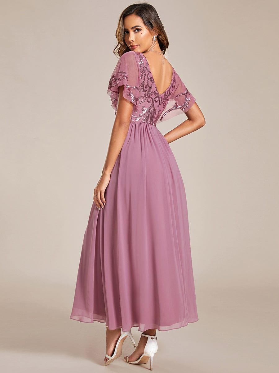 Elegant V-Neck Sequin A-Line Short Sleeves Chiffon Midi Formal Dress #Color_Purple Orchid