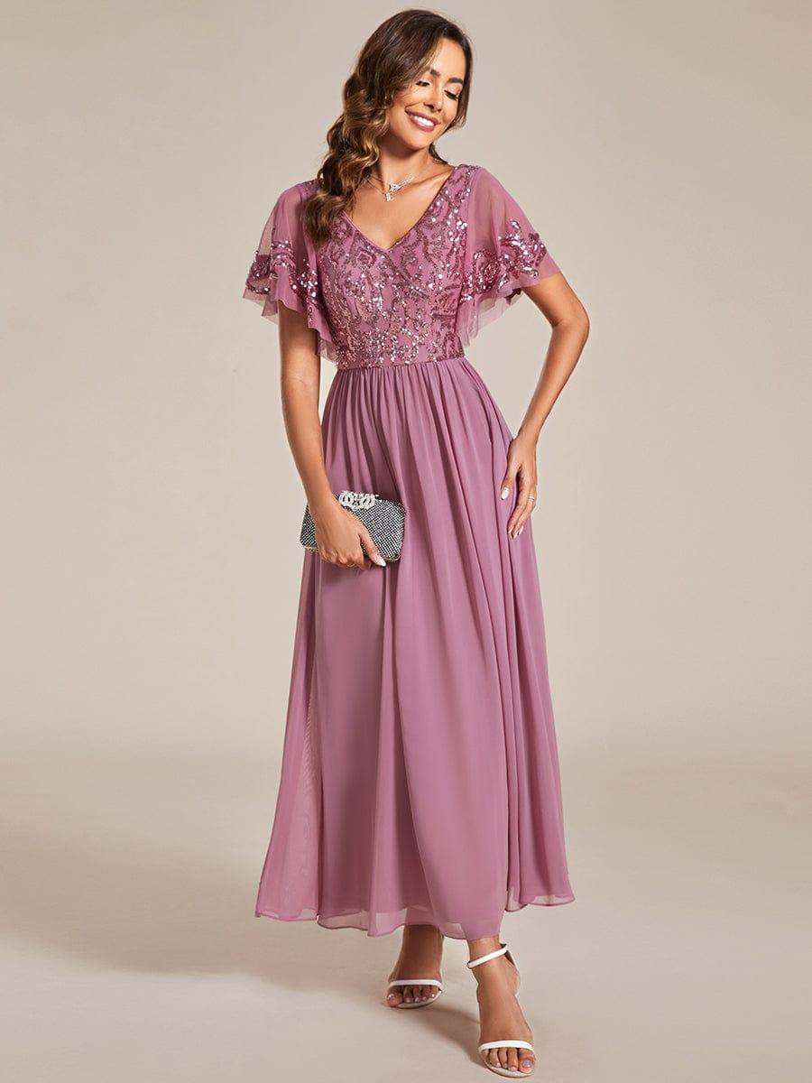 Elegant V-Neck Sequin A-Line Short Sleeves Chiffon Midi Formal Dress #Color_Purple Orchid