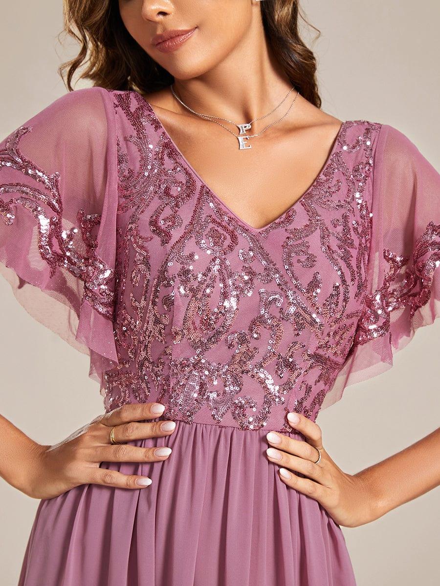 Elegant V-Neck Sequin A-Line Short Sleeves Chiffon Midi Formal Dress #Color_Purple Orchid