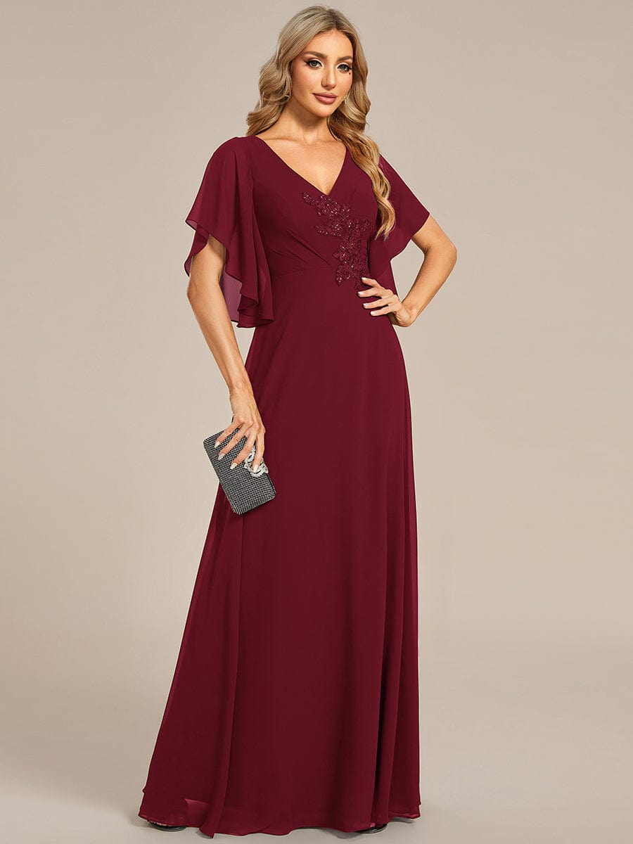 Half Sleeves Top Applique Decoration Chiffon Mother of the Bride Dress #color_Burgundy