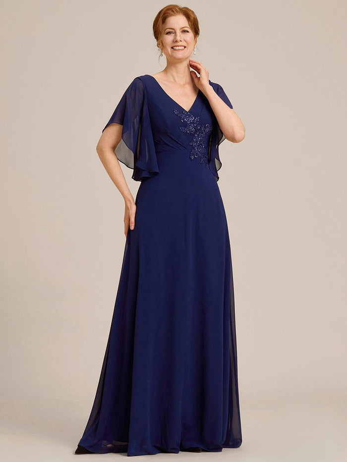 Elegant V-Neck Half Sleeves Chiffon Mother of the Bride Dress with