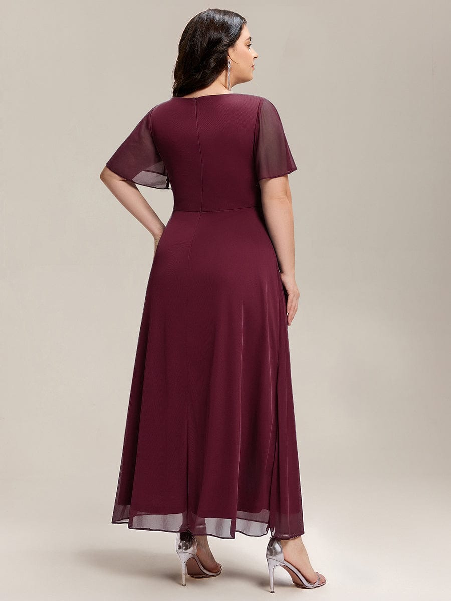Side Split Chiffon Ruffle Sleeve Dress #color_Burgundy