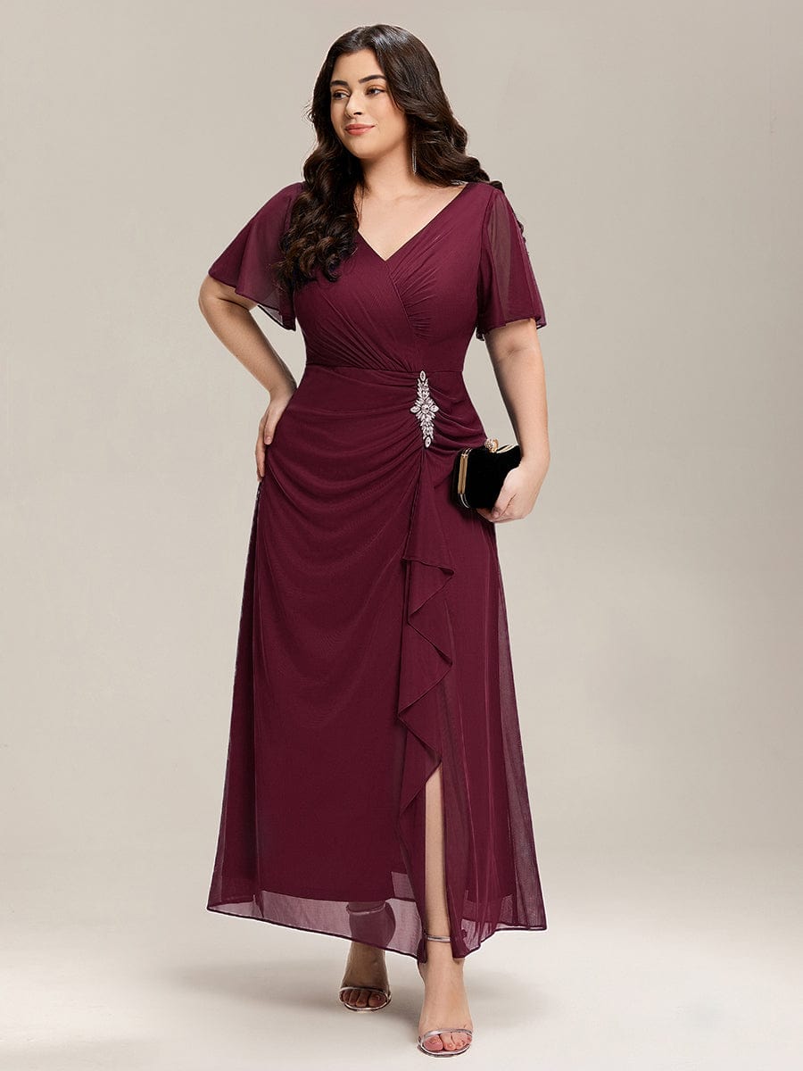 Side Split Chiffon Ruffle Sleeve Dress #color_Burgundy