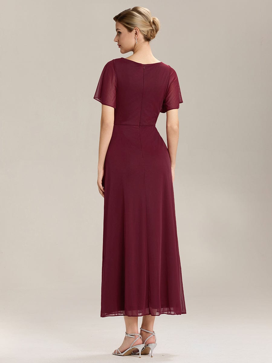 Side Split Chiffon Ruffle Sleeve Dress #color_Burgundy