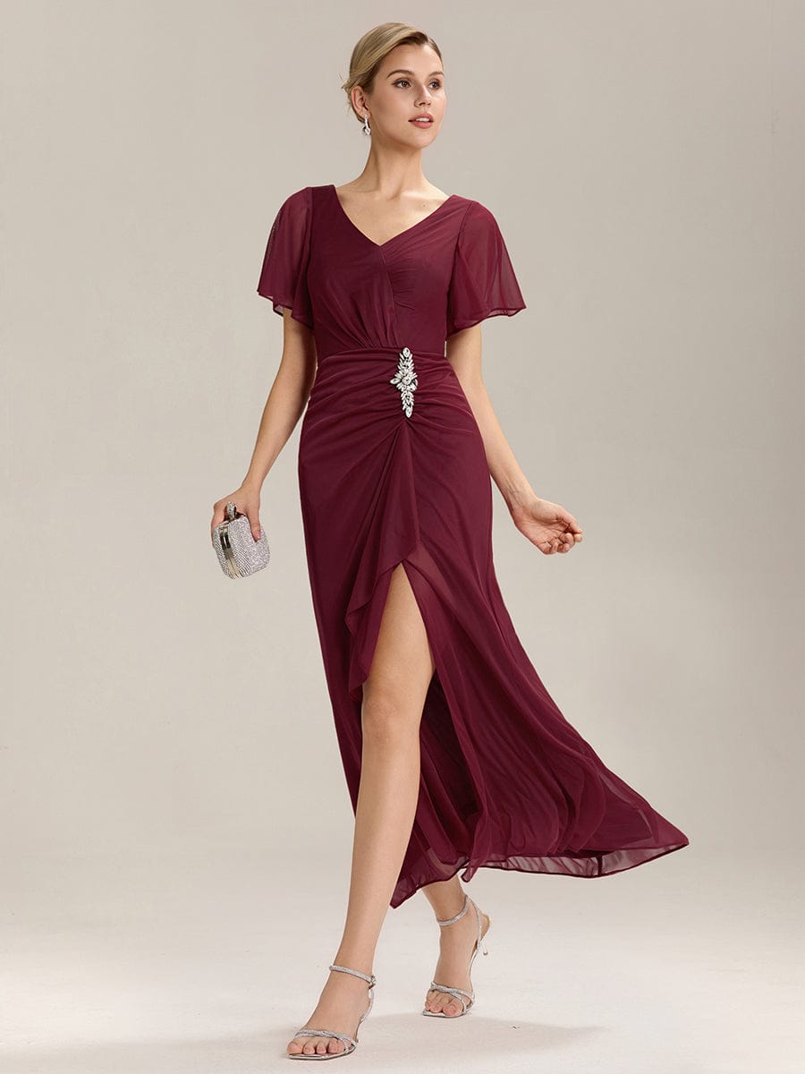 Side Split Chiffon Ruffle Sleeve Dress #color_Burgundy