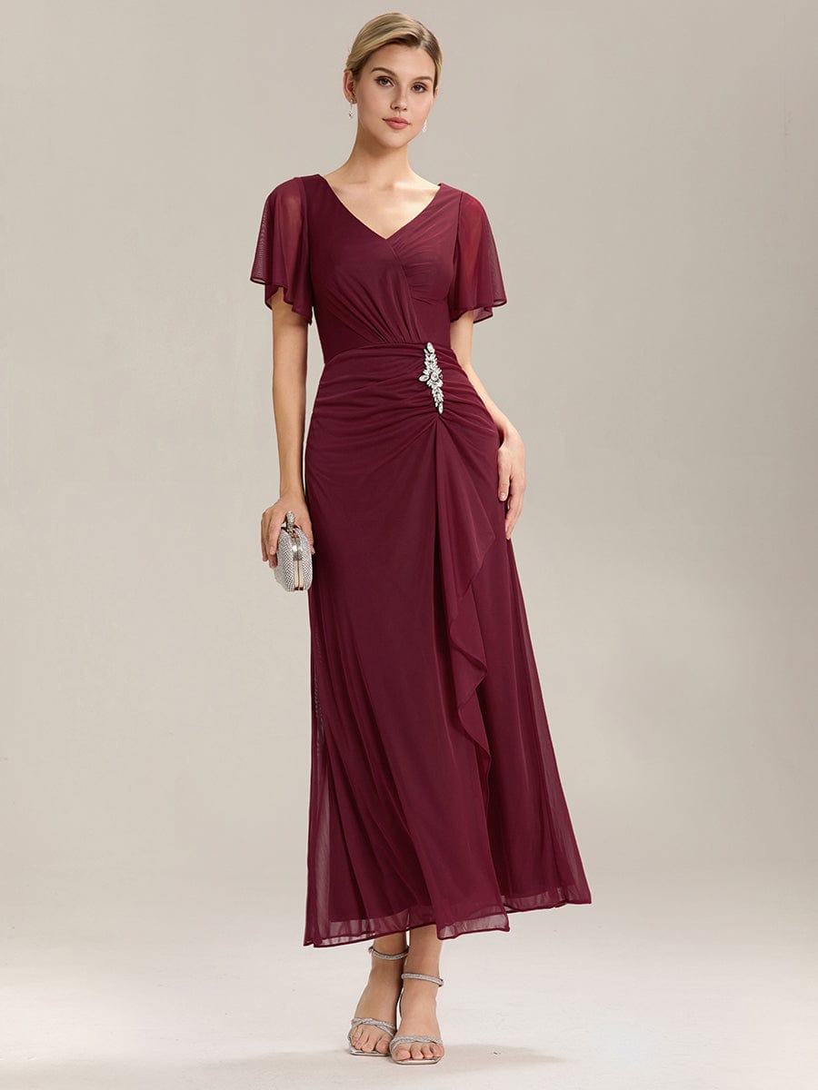 Side Split Chiffon Ruffle Sleeve Dress #color_Burgundy
