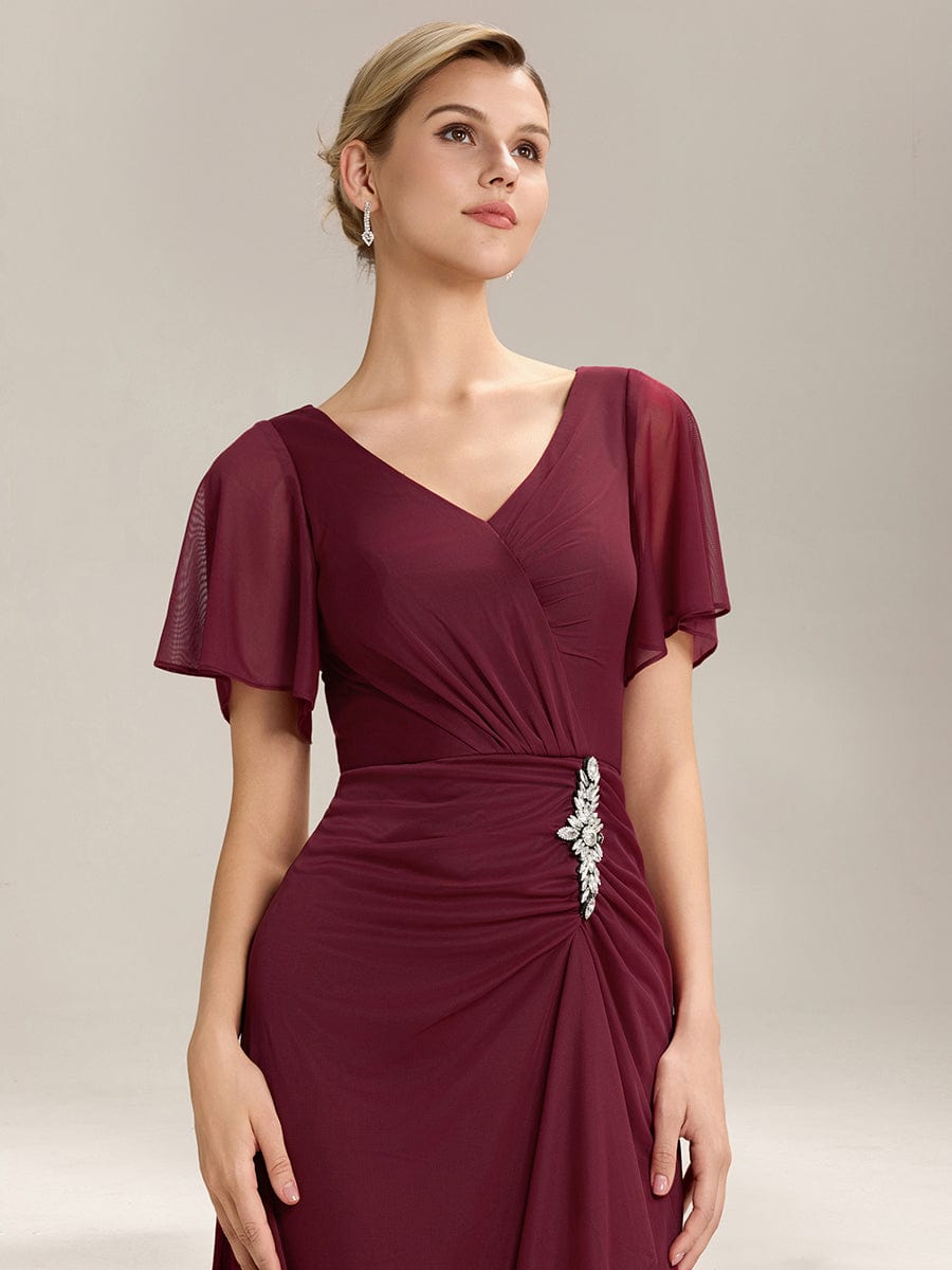 Side Split Chiffon Ruffle Sleeve Dress #color_Burgundy