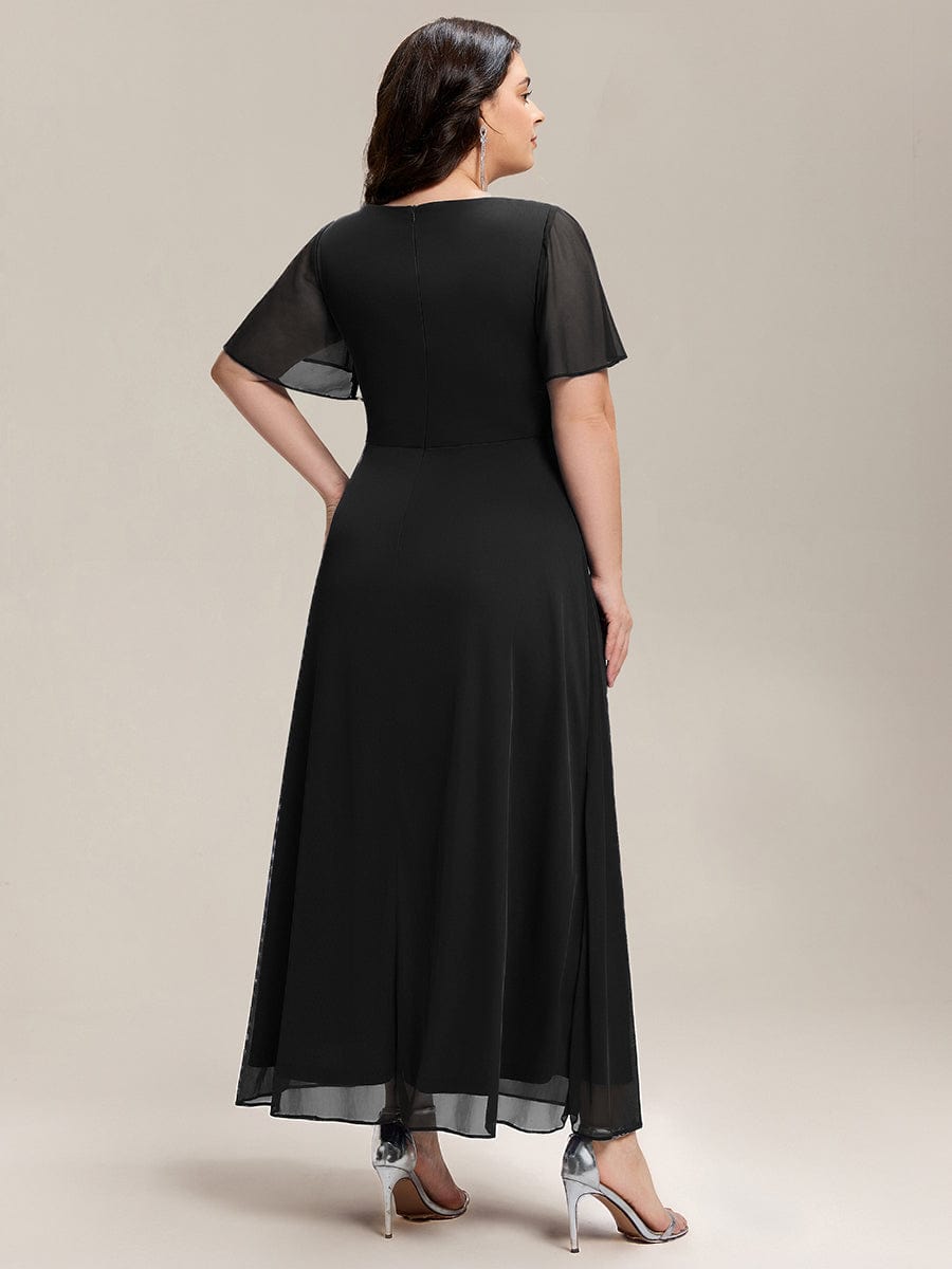 Side Split Chiffon Ruffle Sleeve Dress #color_Black
