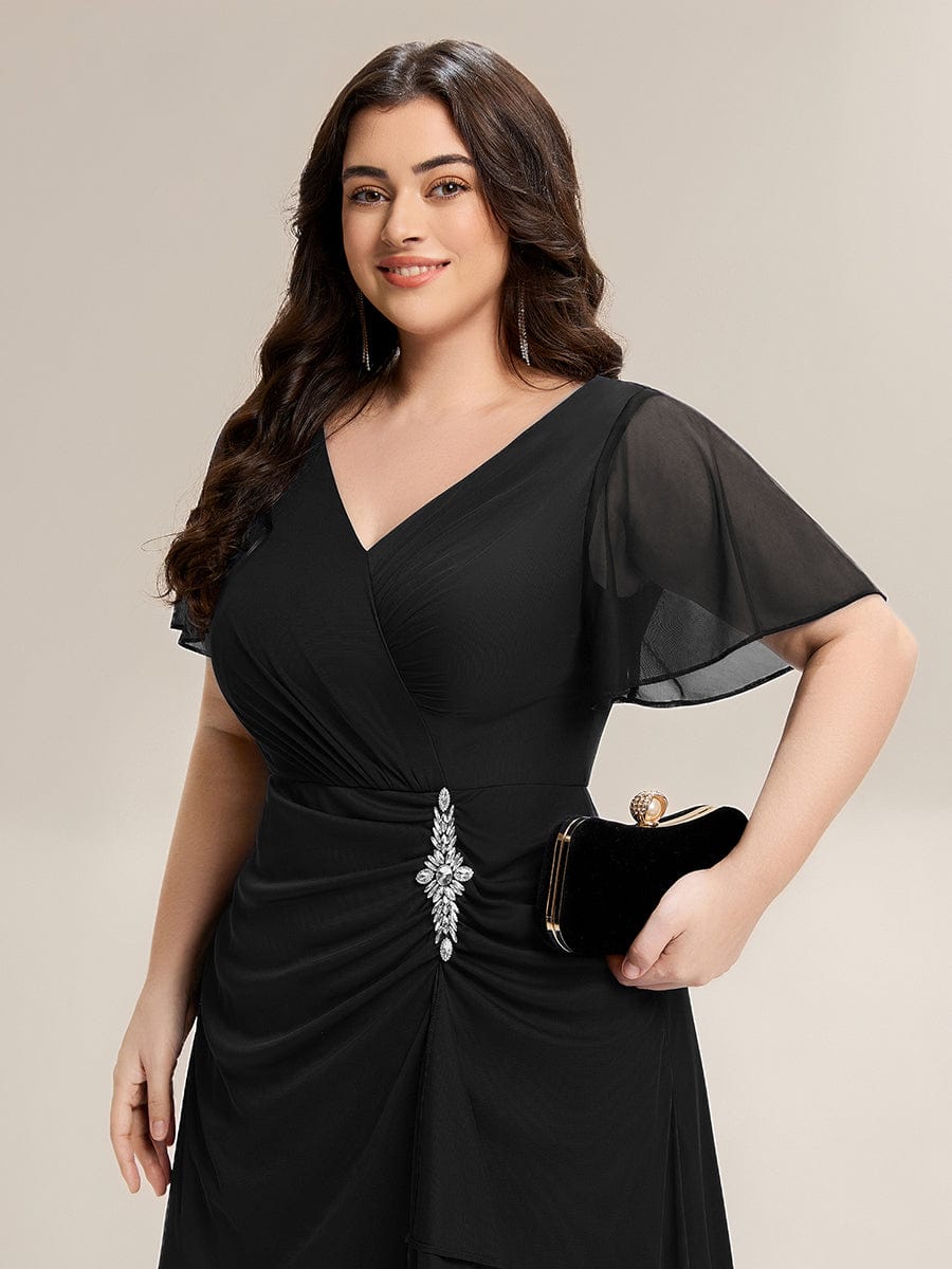 Side Split Chiffon Ruffle Sleeve Dress #color_Black