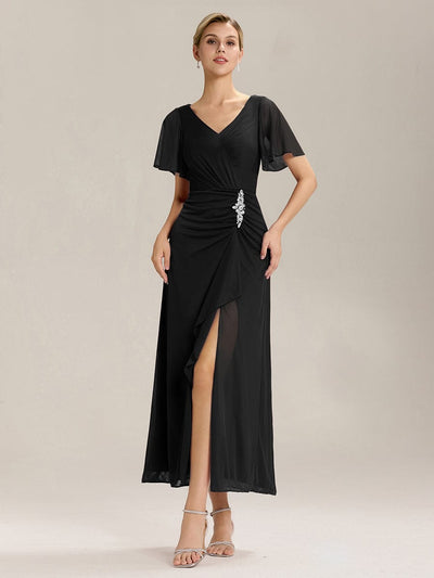 Side Split Chiffon Ruffle Sleeve Dress #color_Black