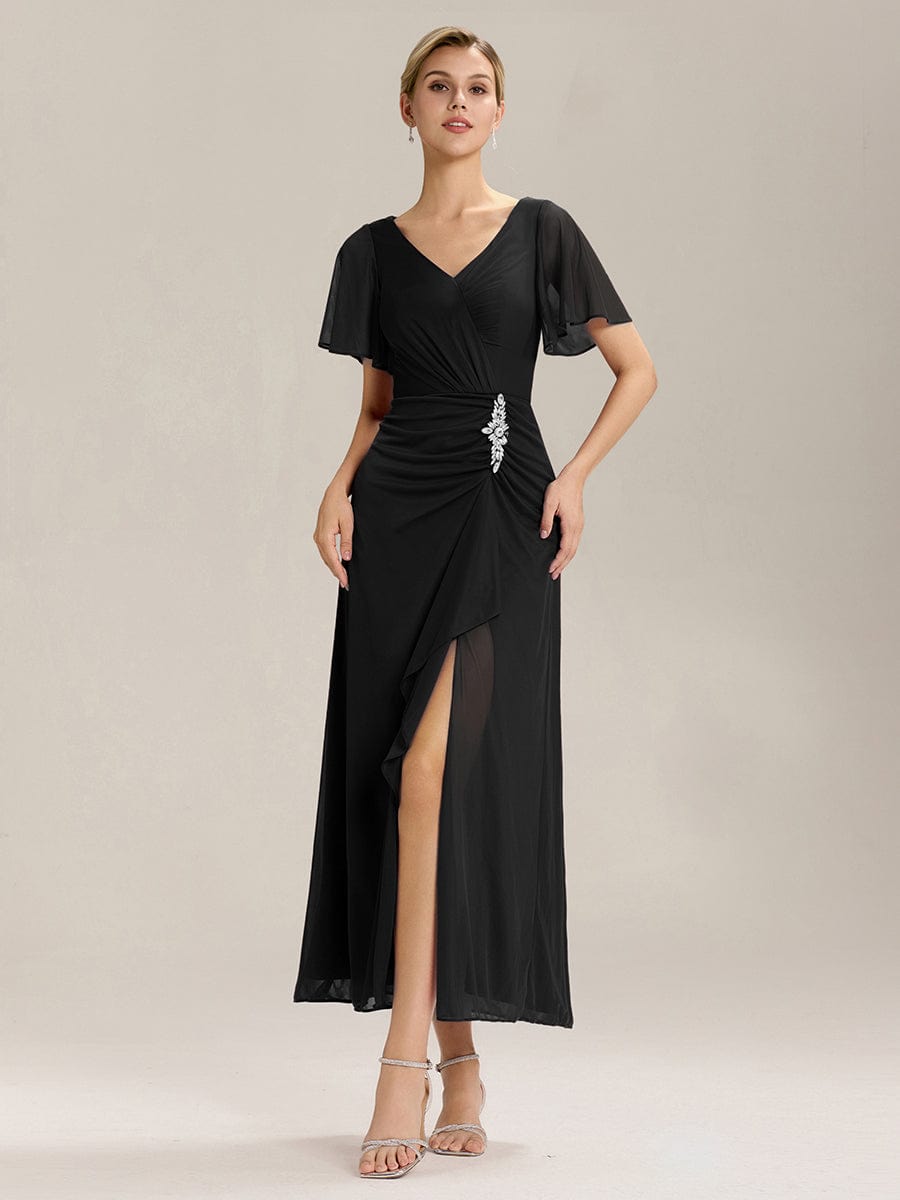 Side Split Chiffon Ruffle Sleeve Dress #color_Black
